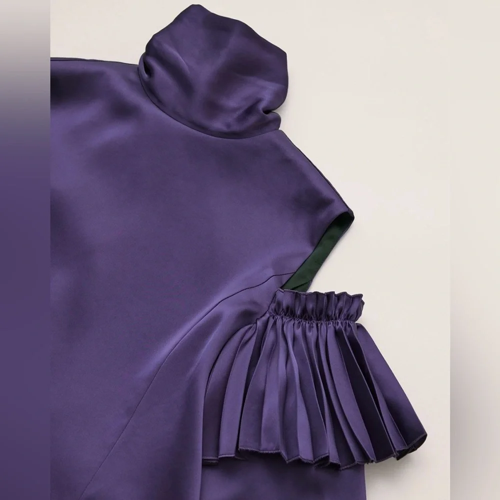 ADEAM Japan Intermix “Ashlee” purple cold shoulder pleated blouse top w ties XS - Picture 4 of 14